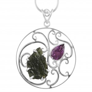 Moldavite & Amethyst Pendant